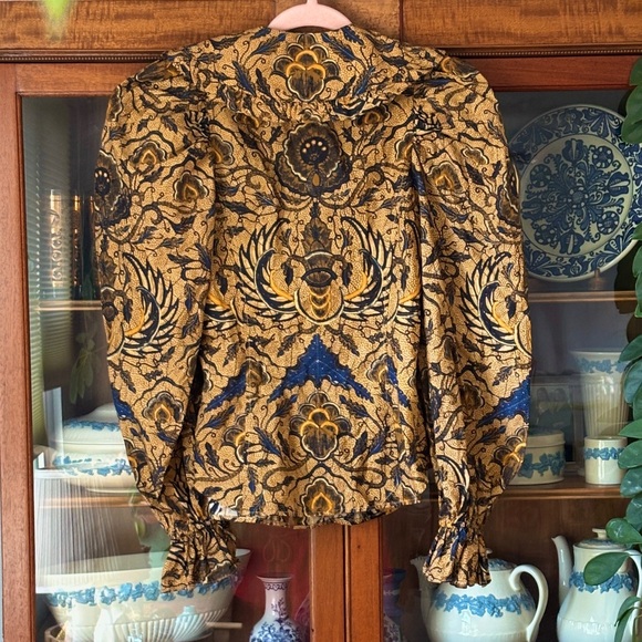 Ulla Johnson Gold and Navy Floral Jacquard Button Up Blouse (Sz 2) - Picture 5 of 7